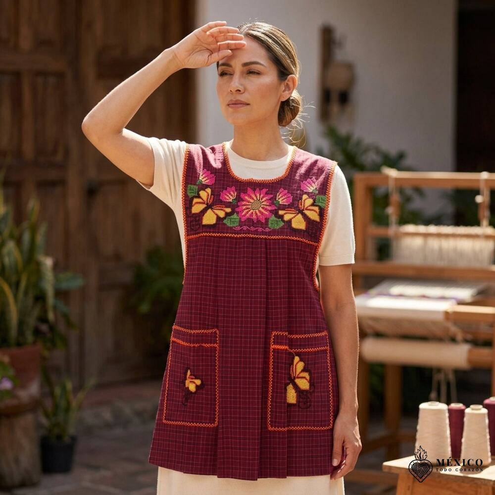 Traditional Mexican Cross-Stitch Embroidered Apron – Deluxe Artisan Smock Style